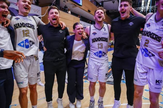 Head coach Gaelle Bouzin Dutch Champions with Landstede Hammers Landstede Hammers v ZZ Leiden, Play-off Final Basketball, Landstede Hammers v ZZ Leiden, Landstede Sportcentrum, June 10, 2026, Zwolle, Netherlands.