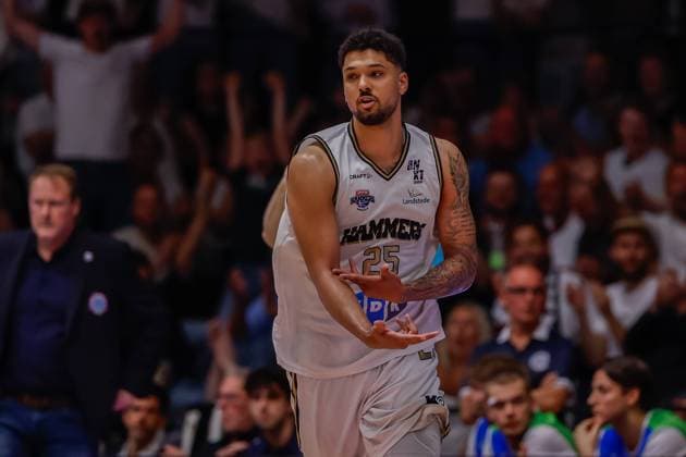 Grayson Alexander Carter of Landstede Hammers celebrats Landstede Hammers v ZZ Leiden, Play-off Final Basketball, Landstede Hammers v ZZ Leiden, Landstede Sportcentrum, June 10, 2026, Zwolle, Netherlands.