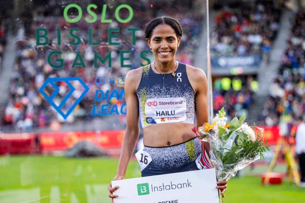 260610 Freweyni Hailu of Ethiopia celebrates on the podium after winning women s 3000 meter during the Diamond League athletics competition Bislett Games on June 10, 2026 in Oslo. Photo: Jon Olav Nesvold BILDBYRAN COP 217 MM0071 bbeng friidrett friidrott athletics diamond league bislett games 2026 bislett games norge norway dam
