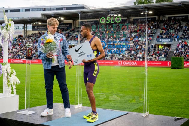 260610 Markus Rooth of Norway and Addisu Yihune of Ethiopia on the podium during the Diamond League athletics competition Bislett Games on June 10, 2026 in Oslo. Photo: Jon Olav Nesvold BILDBYRAN COP 217 MM0071 bbeng friidrett friidrott athletics diamond league bislett games 2026 bislett games norge norway