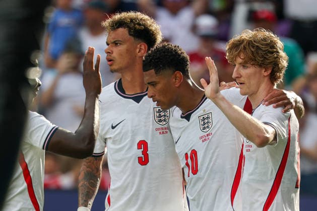RECORD DATE NOT STATED 10th June 2026; Inter and Co Stadium, Orlando, Florida, United States of America; Friendly International Football, England versus Costa Rica; Anthony Gordon of England is congratulated by teammates after scoring a goal on a penally kick to go up 2-0 DavidxBuono
