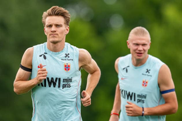 260610 Martin odegaard and Erling Braut Haaland of the Norwegian national football team at an open training session during day -1 of the FIFA World Cup, WM, Weltmeisterschaft, Fussball 2026 on June 10, 2026 in Greensboro. Photo: Vegard Grott BILDBYRAN kod VG VG0945 bbeng fotball football soccer fotboll fifa world cup vm fotball-vm norge norway trening träning training practice