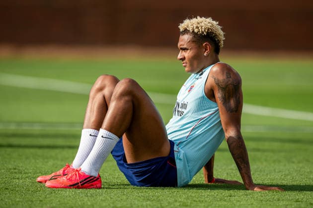 260610 Antonio Nusa of the Norwegian national football team at an open training session during day -1 of the FIFA World Cup, WM, Weltmeisterschaft, Fussball 2026 on June 10, 2026 in Greensboro. Photo: Vegard Grott BILDBYRAN kod VG VG0945 bbeng fotball football soccer fotboll fifa world cup vm fotball-vm norge norway trening träning training practice
