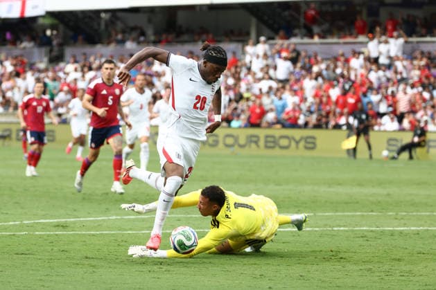 ORLANDO, FL - JUNE 10: England forward Noni Madueke (20) jukes the goalkeeper in the first half during the friendly soccer match betwene England and Costa Rica on Wednesday, June 10, 2026 at i nter&Co Stadium in Orando, FL (Photo by Peter Joneleit Icon Sportswire) SOCCER: JUN 10 England vs Costa Rica EDITORIAL USE ONLY Icon260610017
