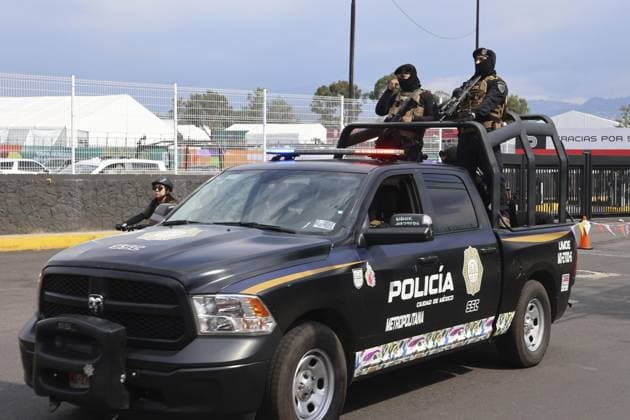 Football: 2026 World Cup Police officers patrol near Mexico City Stadium in Mexico City on June 10, 2026, the eve of the World Cup opener between Mexico and South Africa.  A14AA0005618362P
