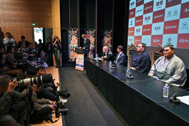MUFG Paris Sumo Tournament press conference, PK, Pressekonferenz - Paris Hoshoryu Tomokatsu and Onosato Daiki hold a press conference for the MUFG Paris Sumo Tournament 2026 in Paris on June 11, 2026. Photo by Firas Abdullah ABACAPRESS.COM Paris Ile-de-France France  Copyright: xAbdullahxFiras ABACAx
