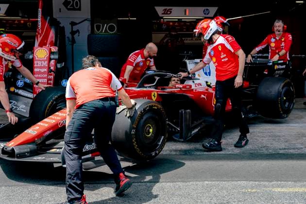 BARCELONA - Practice pit stops with the car of Formula 1 driver Charles Leclerc or Scuderia Ferrari HP during the Formula 1 Spain Catalonia at the Circuit de Barcelona-Catalunya on June 11, 2026 in Barcelona, Spain. (Photo by DeFodi Images) -