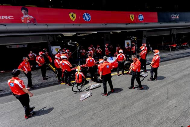 BARCELONA - Practice pit stops with the car of Formula 1 driver Charles Leclerc or Scuderia Ferrari HP during the Formula 1 Spain Catalonia at the Circuit de Barcelona-Catalunya on June 11, 2026 in Barcelona, Spain. (Photo by DeFodi Images) -