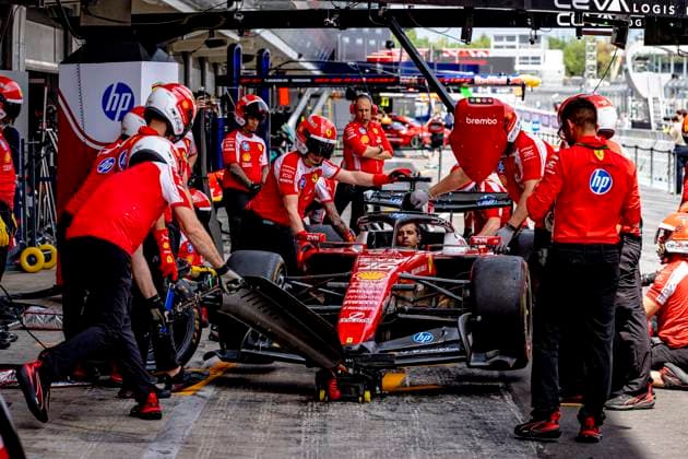 BARCELONA - Practice pit stops with the car of Formula 1 driver Charles Leclerc or Scuderia Ferrari HP during the Formula 1 Spain Catalonia at the Circuit de Barcelona-Catalunya on June 11, 2026 in Barcelona, Spain. (Photo by DeFodi Images) -