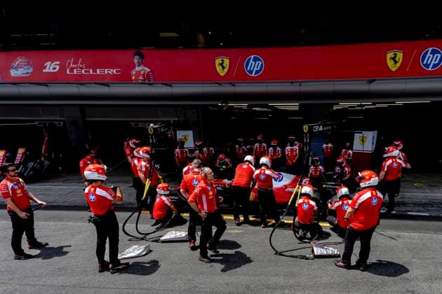BARCELONA - Practice pit stops with the car of Formula 1 driver Charles Leclerc or Scuderia Ferrari HP during the Formula 1 Spain Catalonia at the Circuit de Barcelona-Catalunya on June 11, 2026 in Barcelona, Spain. (Photo by DeFodi Images) -