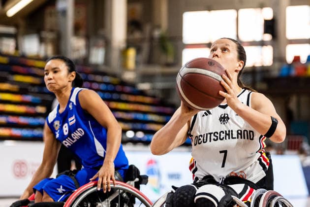 GUADALAJARA, SPAIN - JUNE 11: Anne Patzwald (Germany, 7) controls the ball against Natnapa Ponin (Thailand, 8) during the 2026 IWBF Women™s Repechage match between Germany vs. Thailand at Palacio Multiusos de Guadalajara on June 11, 2026 in Guadalajara, Spain. Spain Copyright: xSteffiexWunderlx
