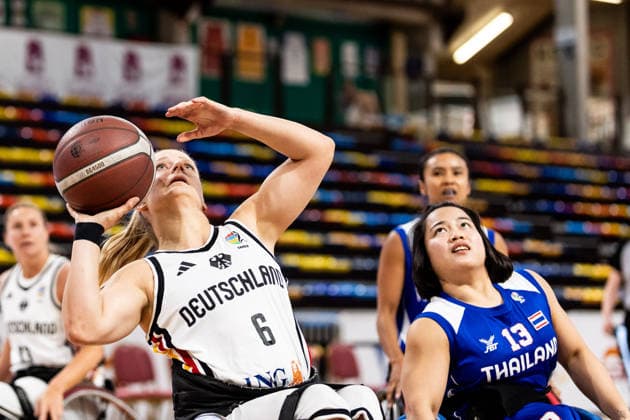 GUADALAJARA, SPAIN - JUNE 11: Catharina Weiss (Germany, 6) controls the ball against Weerado Patitang (Thailand, 13) during the 2026 IWBF Women™s Repechage match between Germany vs. Thailand at Palacio Multiusos de Guadalajara on June 11, 2026 in Guadalajara, Spain. Spain Copyright: xSteffiexWunderlx