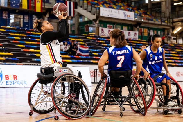 GUADALAJARA, SPAIN - JUNE 11: Roli-Ann Neubauer (Germany, 11) controls the ball against Warisa Thamlaaied (Thailand, 7) during the 2026 IWBF Women™s Repechage match between Germany vs. Thailand at Palacio Multiusos de Guadalajara on June 11, 2026 in Guadalajara, Spain. Spain Copyright: xSteffiexWunderlx