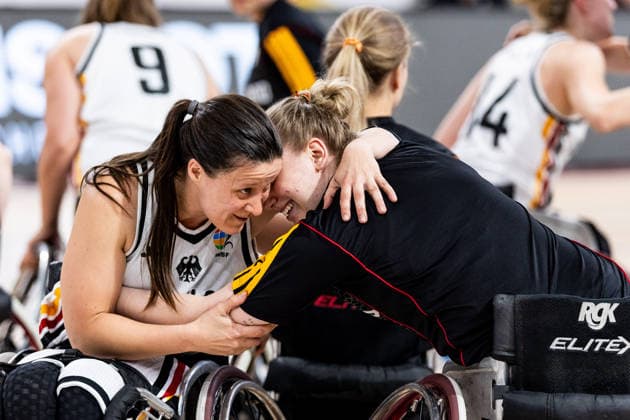 GUADALAJARA, SPAIN - JUNE 11: Anne Patzwald (Germany, 7) and Svenja Erni (Germany, 5) hug after winning and qualifying for the World Cup during the 2026 IWBF Women™s Repechage match between Germany vs. Thailand at Palacio Multiusos de Guadalajara on June 11, 2026 in Guadalajara, Spain. Spain Copyright: xSteffiexWunderlx