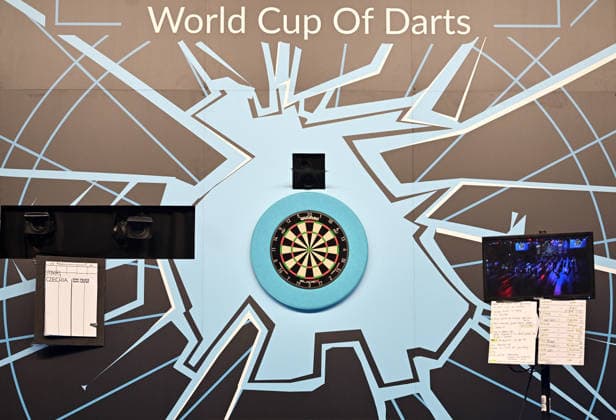 11.06.2026, xhbx, Dart World Cup of Darts 2025, v.l. Dartscheibe, Darts (DFL DFB REGULATIONS PROHIBIT ANY USE OF PHOTOGRAPHS as IMAGE SEQUENCES and or QUASI-VIDEO) Frankfurt