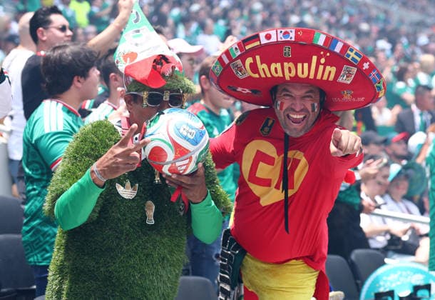 Fans of Team Mexico celebrate before the start of the FIFA World Cup, WM, Weltmeisterschaft, Fussball soccer match between Mexico and South Africa Cup at Aztec Stadium in Mexico City, Mexico, on Thursday, June 11, 2026.  MEX20260611902 CHRISTIANxBRUNSKILL