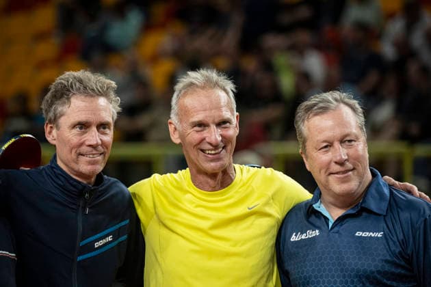 Five-time Table tennis, Tischtennis world champion Jorgen Persson of Sweden, from left, Czech legendary Ice hockey, Eishockey goaltender Dominik Hasek and Swedish Olympic table tennis champion Jan-Ove Waldner took part in table tennis exhibition in Liberec, June 11, 2026. (CTKxPhoto RadekxPetrasek) CTKPhotoP2026061107764  CTKPhotoP2026061107764