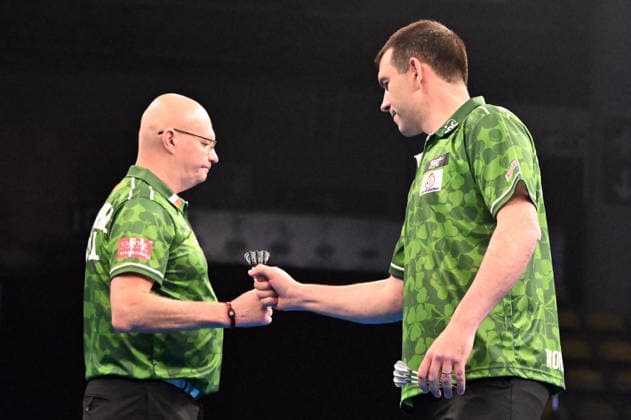 11.06.2026, xhbx, Dart World Cup of Darts 2025, v.l. Mickey Mansell (Irland), William O Connor (Irland) (DFL DFB REGULATIONS PROHIBIT ANY USE OF PHOTOGRAPHS as IMAGE SEQUENCES and or QUASI-VIDEO) Frankfurt