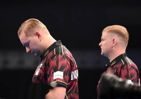 11.06.2026, xhbx, Dart World Cup of Darts 2025, v.l. Dimitri Van den Bergh (Belgien), Mike de Decker (Belgien) (DFL DFB REGULATIONS PROHIBIT ANY USE OF PHOTOGRAPHS as IMAGE SEQUENCES and or QUASI-VIDEO Frankfurt