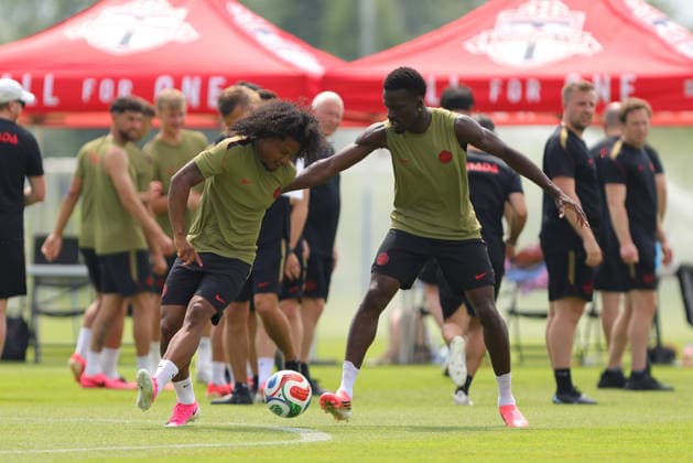 Tani Oluwaseyi of Canada contests with Jayden Nelson of Canada during the training session before the 2026 FIFA World Cup, WM, Weltmeisterschaft, Fussball game between Canada and Bosnia and Herzegovina at Toronto FC Training Ground on June 11, 2026 in Toronto, Ontario, Canada  Copyright: xCurtisxWongx xSPPx Sportspressphoto_SPR165041
