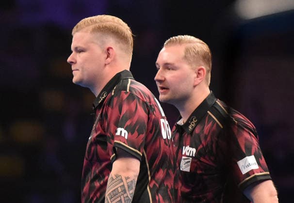 11.06.2026, xhbx, Dart World Cup of Darts 2025, v.l. Mike de Decker (Belgien), Dimitri Van den Bergh (Belgien) (DFL DFB REGULATIONS PROHIBIT ANY USE OF PHOTOGRAPHS as IMAGE SEQUENCES and or QUASI-VIDEO Frankfurt