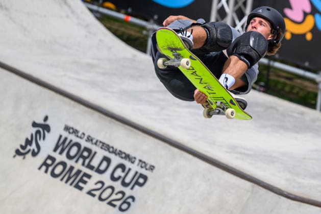 Taylor Nye of United States of America practices during a training session of the men s park skateboard World Cup at Ostia Park in Rome (Italy), June 11, 2026. andreaxstaccioli