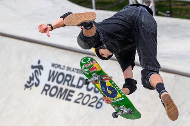 Gui Khury of Brazil practices during a training session of the men s park skateboard World Cup at Ostia Park in Rome (Italy), June 11, 2026. andreaxstaccioli