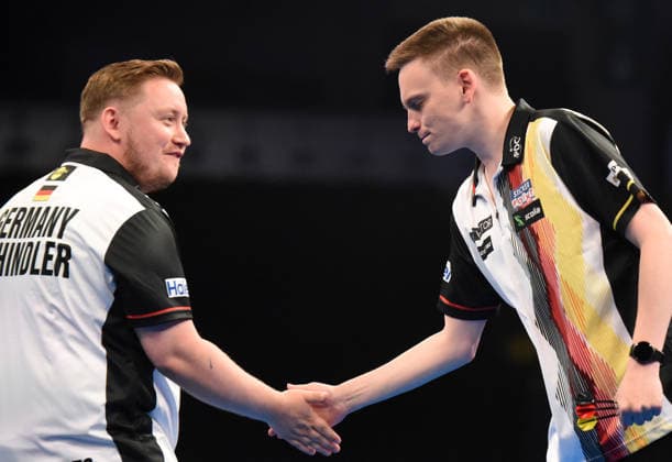 11.06.2026, xhbx, Dart World Cup of Darts 2025, v.l. Martin Schindler (Deutschland), Ricardo Pietreczko (Deutschland) (DFL DFB REGULATIONS PROHIBIT ANY USE OF PHOTOGRAPHS as IMAGE SEQUENCES and or QUASI-VIDEO Frankfurt