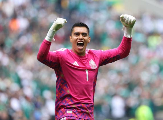 MEXICO CITY, MEXICO - JUNE 11: Mexico goalkeeper Raul Rangel celebrates after his sides first goal during the FIFA World Cup, WM, Weltmeisterschaft, Fussball 2026 Group A match between Mexico and South Africa at Mexico City Stadium on June 11, 2026 in Mexico City, Mexico.  Copyright: xMBxMediax