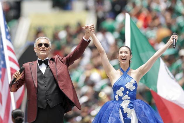 MEXICO, MEXICO CITY - JUNE 11, 2026: Tenor Andrea Bocelli (L) and singer Ejae perform during the opening ceremony of the 2026 FIFA World Cup, WM, Weltmeisterschaft, Fussball at Mexico City Stadium. Mikhail Sinitsyn TASS  93684335