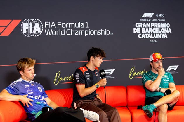 Formula 1 Aramco Gran Premio de Espana 2026 Cedric Marcadier OVERTAKE MAXPPP - Montmeló 11 06 2026 30 LAWSON Liam (nzl), Visa Cash App Racing Bulls Formula One Team, 87 BEARMAN Oliver (gbr), TGR Haas F1 Team, 14 ALONSO Fernando (esp), Aston Martin Aramco Formula One Team, portrait at the Formula 1 Aramco Gran Premio de Espana 2026, the 7th round of the 2026 FIA Formula 1 World Championship, WM, Weltmeisterschaft at the Circuit de Barcelona-Catalunya in Montmeló, Spain, from 11 to 14 June 2026 Montmeló Circuit Barcelona-Catalunya Spain Copyright: xOVERTAKE MAXPPPxCedricxMarcadierx OVT202606123735 OVT202606123735
