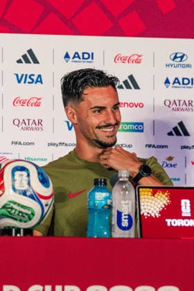 Stephen Eustáquio of Canada speaks to the media during the pre-game press conference, PK, Pressekonferenz before the 2026 FIFA World Cup, WM, Weltmeisterschaft, Fussball game between Canada and Bosnia and Herzegovina at Toronto Stadium on June 11, 2026 in Toronto, Ontario, Canada  Copyright: xCurtisxWongx xSPPx Sportspressphoto_SPR165070