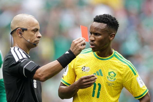 MEXICO, MEXICO CITY - JUNE 11, 2026: Referee Wilton Sampaio (L) and South Africa s Themba Zwane in the 2026 FIFA World Cup, WM, Weltmeisterschaft, Fussball Group A football match between Mexico and South Africa at Mexico City Stadium. Mikhail Sinitsyn TASS  93685942