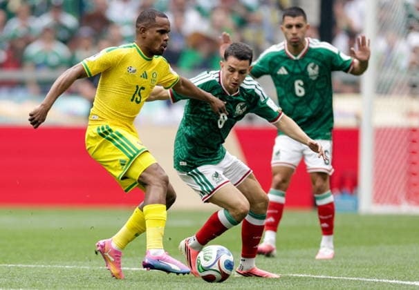 MEXICO, MEXICO CITY - JUNE 11, 2026: South Africa s Iqraam Rayners, Mexico s Alvaro Fidalgo and Erik Lira (L-R) fight for the ball in the 2026 FIFA World Cup, WM, Weltmeisterschaft, Fussball Group A football match between Mexico and South Africa at Mexico City Stadium. Mikhail Sinitsyn TASS  93686733