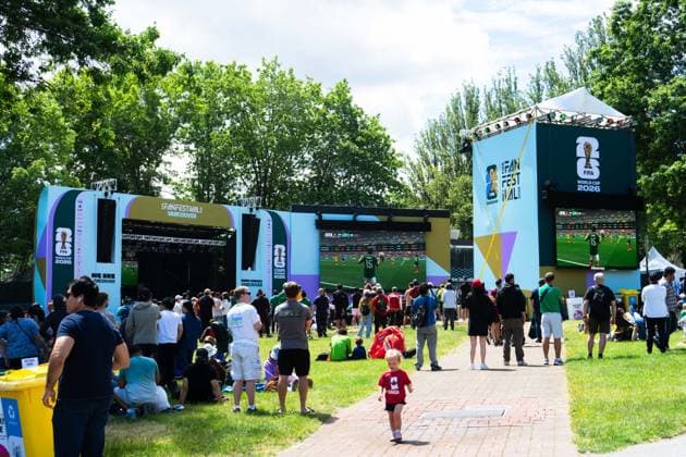 VANCOUVER, CANADA - JUNE 11: An outdoor stage is shown as fan supporters of different teams and countries watch the first match of the FIFA World Cup, WM, Weltmeisterschaft, Fussball 2026 between Mexico and South Africa during the FIFA Fan Festival at Hastings Park on June 11, 2026 in Vancouver, British Columbia, Canada.  Copyright: xAmyxElle SPPx Sportspressphoto_SPR165143