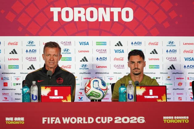 Canada MD-1 press conference, PK, Pressekonferenz - 2026 FIFA World Cup, WM, Weltmeisterschaft, Fussball Jesse Marsch Head Coach and Stephen EUSTAQUIO 07 of Canada during the 2026 FIFA World Cup press conference one day before the match between Canada and Bosnia and Herzegovina at Toronto Stadium. on June 11, 2026 in Toronto, Canada. Toronto Ontario Canada Copyright: xLeonardoxRamirezx