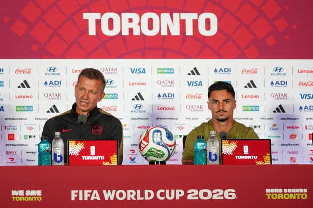 Canada MD-1 press conference, PK, Pressekonferenz - 2026 FIFA World Cup, WM, Weltmeisterschaft, Fussball Jesse Marsch Head Coach and Stephen EUSTAQUIO 07 of Canada during the 2026 FIFA World Cup press conference one day before the match between Canada and Bosnia and Herzegovina at Toronto Stadium. on June 11, 2026 in Toronto, Canada. Toronto Ontario Canada Copyright: xLeonardoxRamirezx