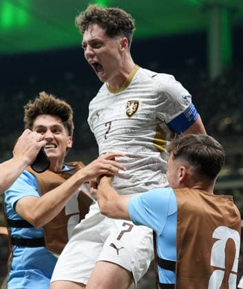 (260612) -- GUADALAJARA, June 12, 2026 -- Ladislav Krejci (Top) of the Czech Republic celebrates with teammates after scoring during the group A match between South Korea and the Czech Republic at the 2026 FIFA World Cup, WM, Weltmeisterschaft, Fussball at Guadalajara Stadium in Guadalajara, Mexico, June 11, 2026. (Photo by Xinhua) (SP)MEXICO-GUADALAJARA-FOOTBALL-FIFA WORLD CUP-GROUP A-KOR VS CZE MartinxZabala 