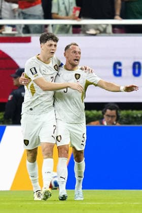 Football: 2026 World Cup Ladislav Krejci (L) of the Czech Republic celebrates after giving his side the lead in the first half of a World Cup Group A football match against South Korea at Guadalajara Stadium in Zapopan, Mexico, on June 11, 2026.  A14AA0005618512P