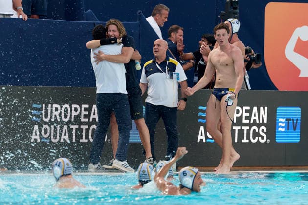 Zodiac CNAB players and staff members react in celebration after the European Aquatics Men™s Water polo, Wasserball Champions League semi-final (SF1) match between Zodiac CNAB and FTC Telekom Waterpolo at the National Pool, Tal-Qroqq, Malta, on 11 June 2026. Zodia CNAB; FTC Telekom Waterpolo; Men Water Polo Men Championships Qualification Round 2025 Group G EA_CL_2026_MLT