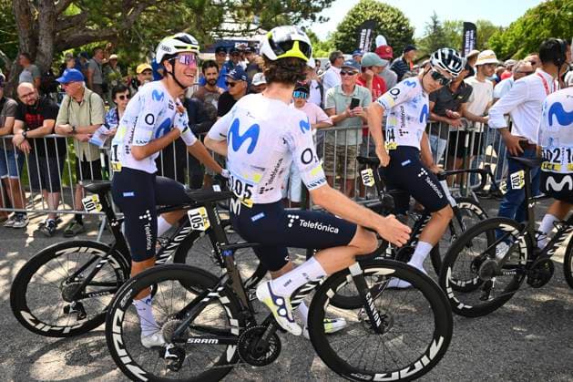 Tour Auvergne - Rhone-Alpes 2026 Stage 6 CREST-VOLAND, FRANCE - JUNE 12 : Uijtdebroeks Cian (BEL) of Movistar Team and Hessmann Michel (GER) of Movistar Team during stage 6 of the 78th edition of Tour Auvergne - Rhone-Alpes an UCI World Tour 2.UWT cycling road race stage for Men Elite of 182.3 km with start in Saint-Vulbas and finish in Crest-Voland on June 12, 2026 in Crest-Voland, France, 12 06 2026 ( Motordriver Guy De Vuyst - Crest-Voland France  Copyright: xVincentxKalutx