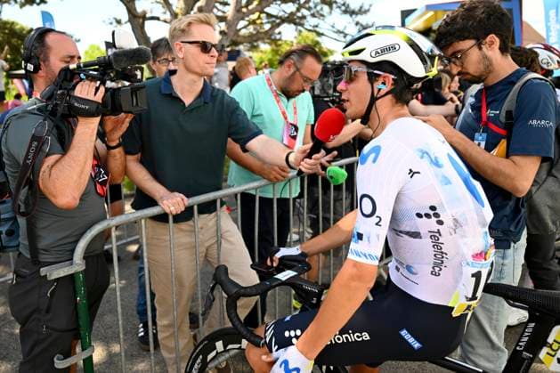 Tour Auvergne - Rhone-Alpes 2026 Stage 6 CREST-VOLAND, FRANCE - JUNE 12 : Uijtdebroeks Cian (BEL) of Movistar Team and Stijn Vlaeminck (VTM) during stage 6 of the 78th edition of Tour Auvergne - Rhone-Alpes an UCI World Tour 2.UWT cycling road race stage for Men Elite of 182.3 km with start in Saint-Vulbas and finish in Crest-Voland on June 12, 2026 in Crest-Voland, France, 12 06 2026 ( Motordriver Guy De Vuyst - Crest-Voland France  Copyright: xVincentxKalutx
