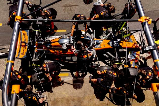BARCELONA - Practice a pit stop with the car of Formula 1 driver Oscar Piastri of McLaren Mastercard Formula 1 Team during the Formula 1 Spain-Catalonia at the Circuit de Barcelona-Catalunya on June 12, 2026 in Barcelona, Spain. (Photo by DeFodi Images) -