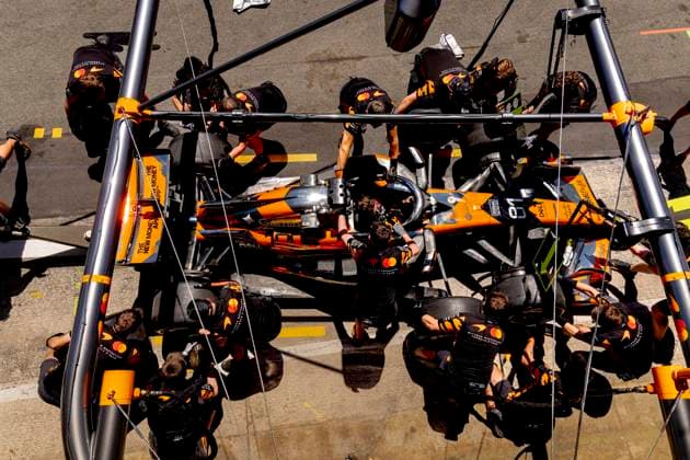 BARCELONA - Practice a pit stop with the car of Formula 1 driver Oscar Piastri of McLaren Mastercard Formula 1 Team during the Formula 1 Spain-Catalonia at the Circuit de Barcelona-Catalunya on June 12, 2026 in Barcelona, Spain. (Photo by DeFodi Images) -