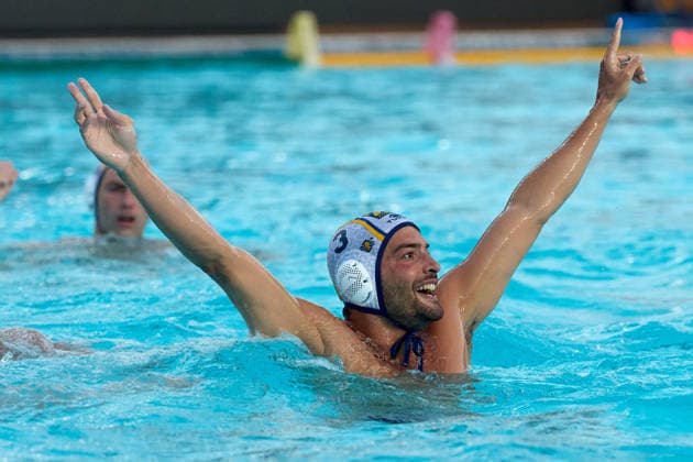 Alessandro Velotto of Zodiac CNAB gestures in celebration after scoring during the European Aquatics Men™s Water polo, Wasserball Champions League semi-final (SF1) match between Zodiac CNAB and FTC Telekom Waterpolo at the National Pool, Tal-Qroqq, Malta, on 11 June, 2026 Zodiac CNAB v FTC Telekom Waterpolo - Men™s Water Polo Men Champions League 2026 EA_CL_2026_MLT