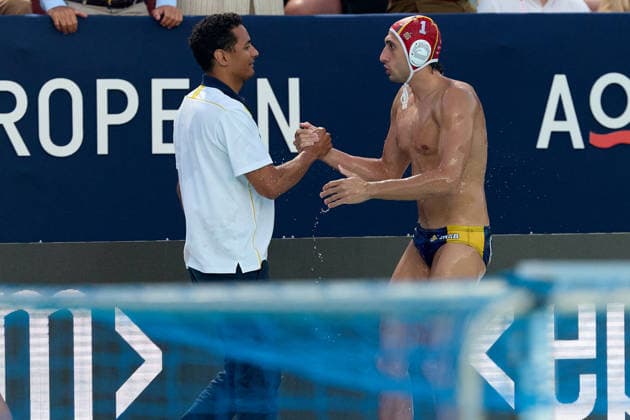 Fran Fernandez (left), head coach of Zodiac CNAB, shakes hands in celebration with goalkeeper Unai Rubio Aguirre after the European Aquatics Men™s Water polo, Wasserball Champions League semi-final (SF1) match between Zodiac CNAB and FTC Telekom Waterpolo at the National Pool, Tal-Qroqq, Malta, on 11 June 2026. Zodiac CNAB v FTC Telekom Waterpolo - Men™s Water Polo Men Champions League 2026 EA_CL_2026_MLT