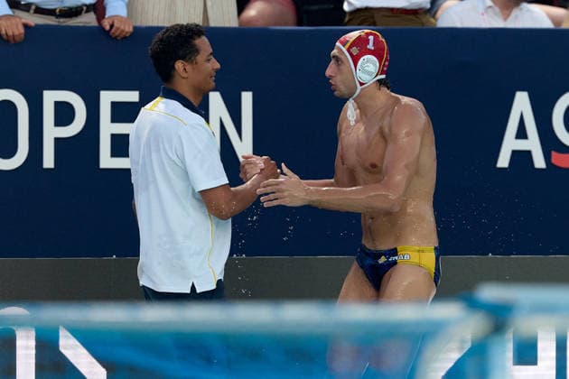 Fran Fernandez (left), head coach of Zodiac CNAB, shakes hands in celebration with goalkeeper Unai Rubio Aguirre after the European Aquatics Men™s Water polo, Wasserball Champions League semi-final (SF1) match between Zodiac CNAB and FTC Telekom Waterpolo at the National Pool, Tal-Qroqq, Malta, on 11 June 2026. Zodiac CNAB v FTC Telekom Waterpolo - Men™s Water Polo Men Champions League 2026 EA_CL_2026_MLT