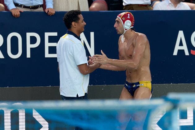 Fran Fernandez (left), head coach of Zodiac CNAB, shakes hands in celebration with goalkeeper Unai Rubio Aguirre after the European Aquatics Men™s Water polo, Wasserball Champions League semi-final (SF1) match between Zodiac CNAB and FTC Telekom Waterpolo at the National Pool, Tal-Qroqq, Malta, on 11 June 2026. Zodiac CNAB v FTC Telekom Waterpolo - Men™s Water Polo Men Champions League 2026 EA_CL_2026_MLT