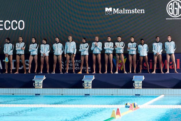 Pro Recco players stand ahead of the European Aquatics Men™s Water polo, Wasserball Champions League semi-final (SF2) match between Pro Recco and Olympiacos SFP at the National Pool, Tal-Qroqq, Malta, on 11 June 2026. Pro Recco v Olympiacos SFP - Men™s Water Polo Men Champions League 2026 EA_CL_2026_MLT