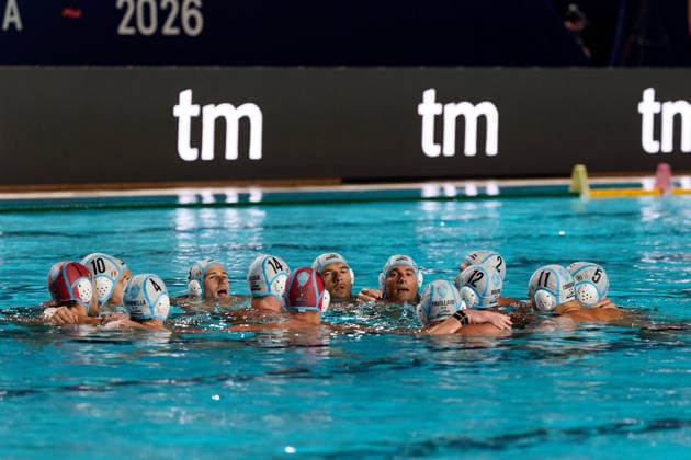 Pro Recco players gather together ahead of the European Aquatics Men™s Water polo, Wasserball Champions League semi-final (SF2) match between Pro Recco and Olympiacos SFP at the National Pool, Tal-Qroqq, Malta, on 11 June 2026. Pro Recco v Olympiacos SFP - Men™s Water Polo Men Champions League 2026 EA_CL_2026_MLT